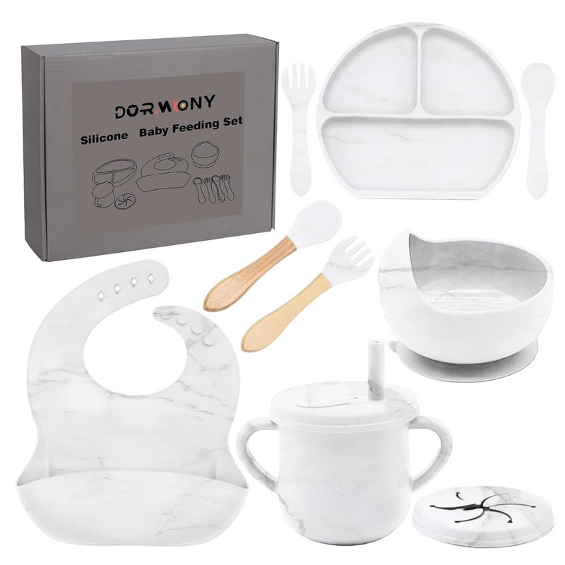 Dormlony 9pc BPA Free Silicone Baby Feeding Set - White: Suction Bowl, Divided Plate, Sippy Cup, Bib, Spoons, Forks - Baby Eating Utensils - Image 1